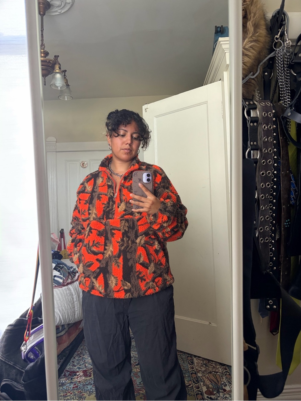BDG Orange and Brown Sherpa Half-Zip Pullover Jacket